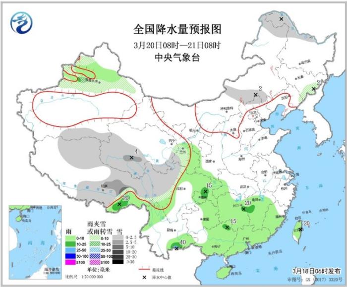 图3 全国降水量预报图(3月20日08时-21日08时) 图3 全国降水量预报图(3月20日08时-21日08时)