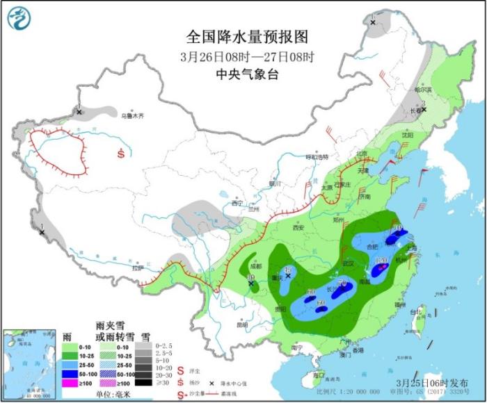 图3 全国降水量预报图(3月26日08时-27日08时) 图片来源:中央气象台 图3 全国降水量预报图(3月26日08时-27日08时) 图片来源:中央气象台